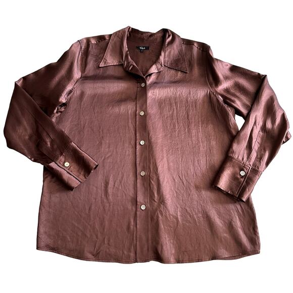Rails Andrea Crinkle Silky Button Up Nutmeg Brown Long Sleeve Shirt L - Picture 1 of 8